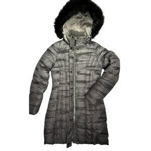 EDDIE BAUER Xtra Small XS Classic Down Puffer Parka Coat Hood Gray Black Pattern